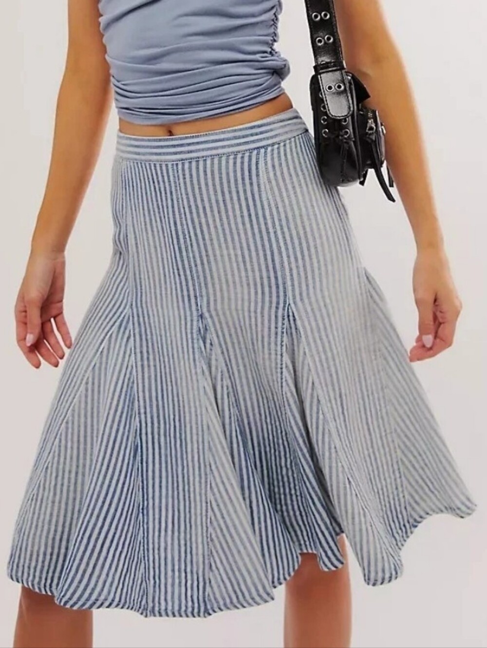 Free People Candace Midi Circle Skirt Summer Striped Pull-on Cotton Linen Sz S